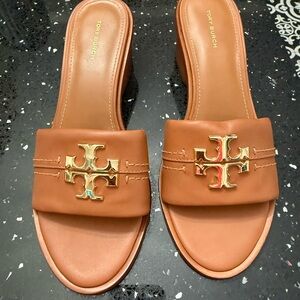 Tory Burch Tan Leather Logo Slide Mules with Gold Emblem